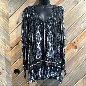 Bohemian Blue Combo Sunflower Diamond Pattern Tie Cuff Ruffle Tunic Mini Dress